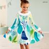 Girls High Neck Long Sleeve Printed A Line Flare Dress Blue Green Furry Trim Bow