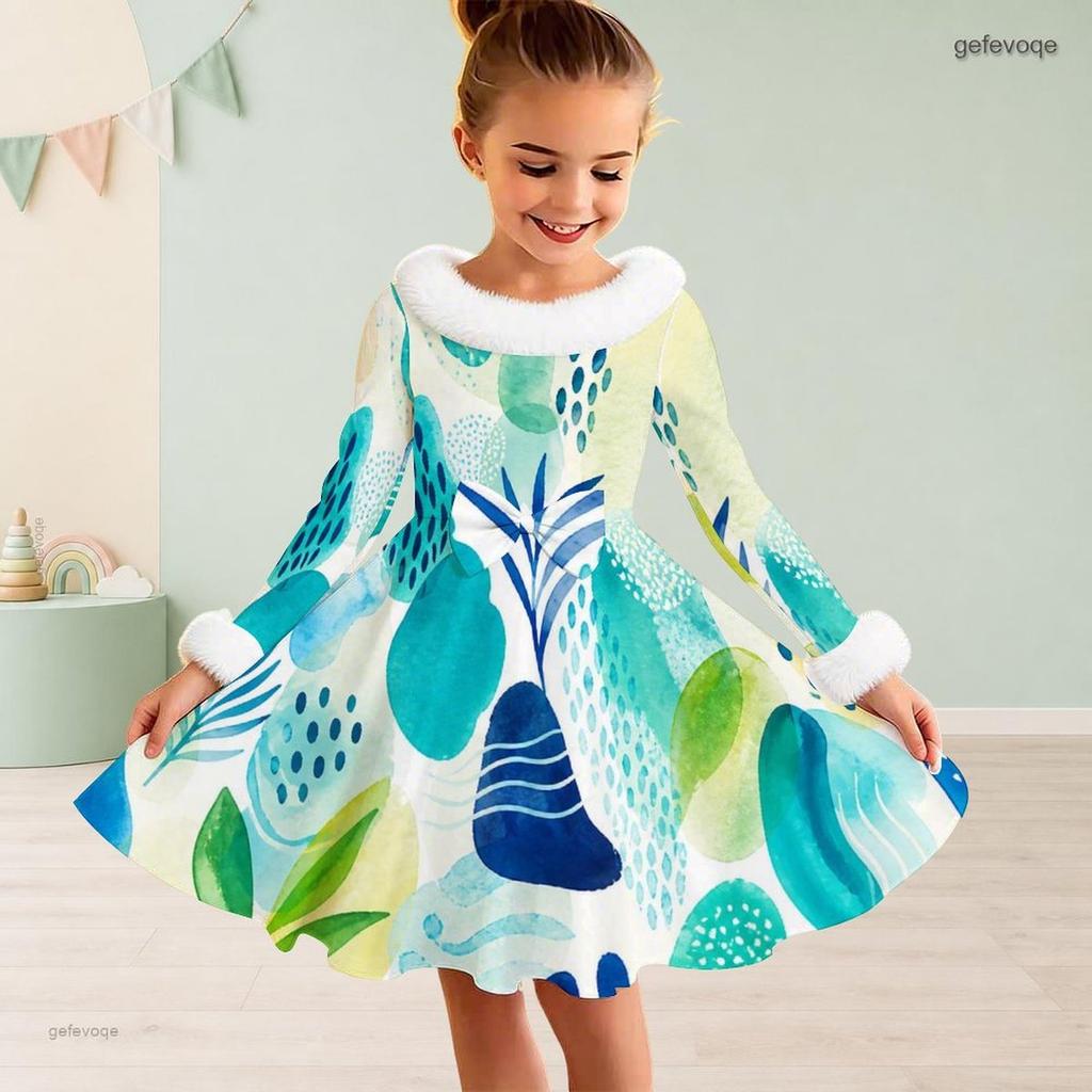 Girls High Neck Long Sleeve Printed A Line Flare Dress Blue Green Furry Trim Bow