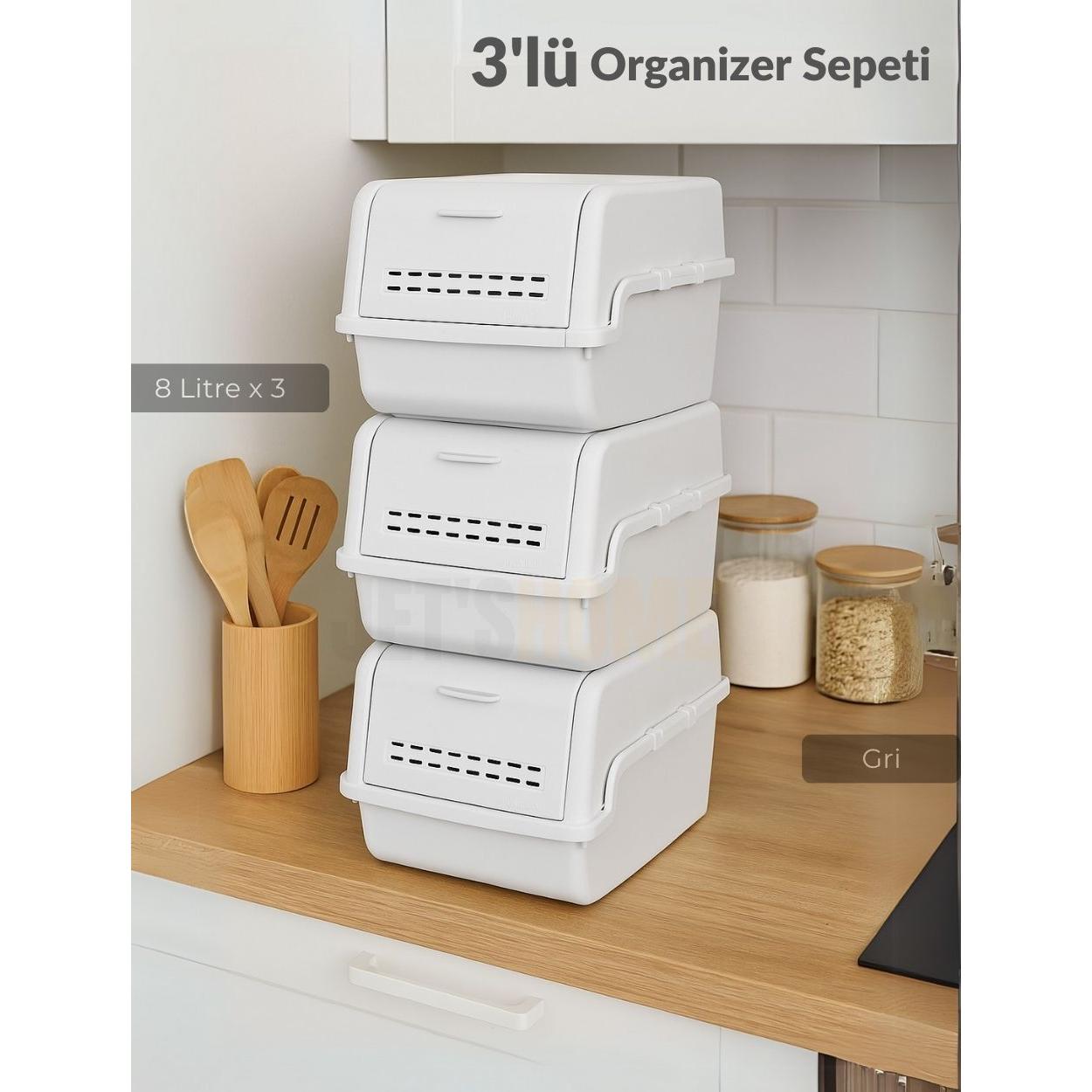 

3 lü Set Organizer Erzak Kutusu Bpa Free Saklama Kutusu Soğanlık Sebzelik Sepet Gri 8 Lt x 3