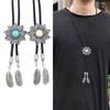 Unisex Western Cowboy Bolo Tie Vintage Sun Turquoises Stone Pendant Jewelry Braided Rope Necktie Metal Feather Necklace