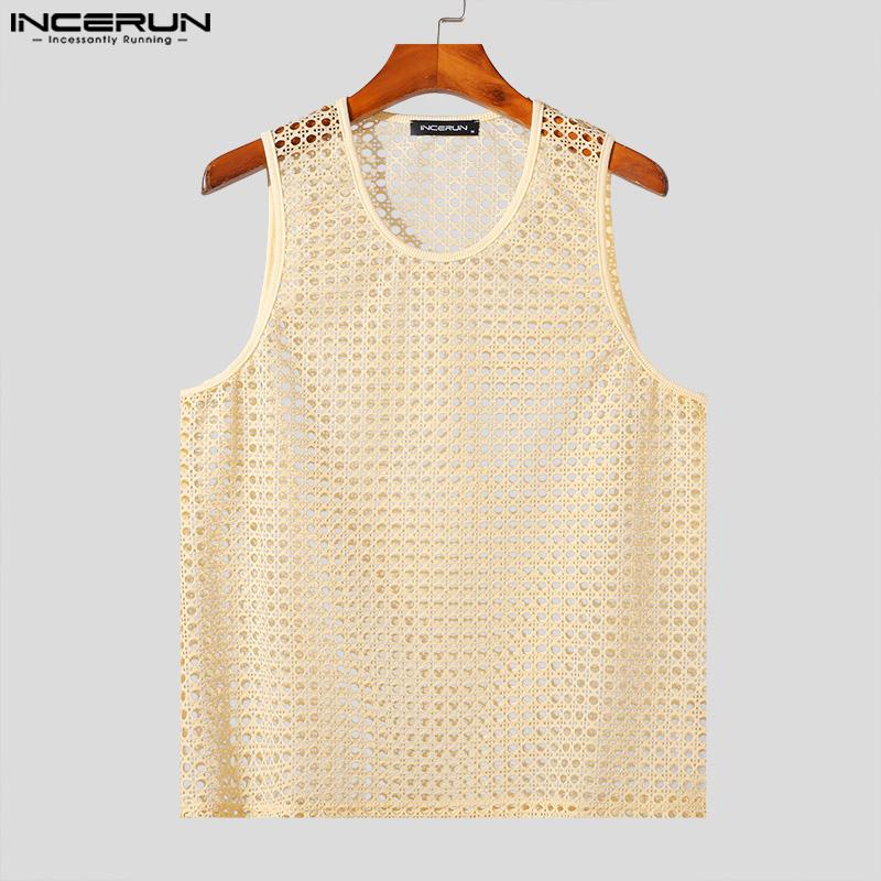 INCERUN Men Summer Hollow Sleeveless Vest Casual Loose Party Beach Net Yarn Tank Tops