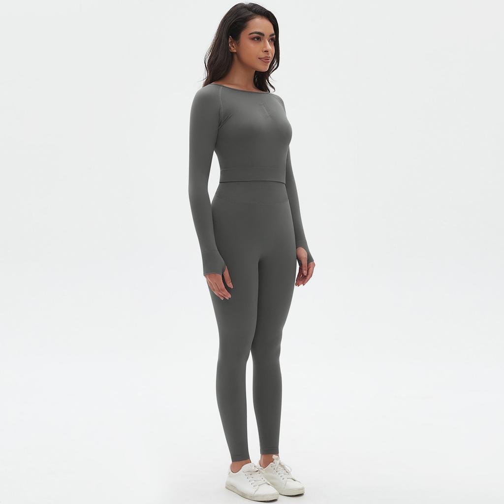 Seamless Yoga Suit Set, High Waisted And Hip Lifting Peach Pants, Tight Fitting Long Sleeved Top, Running And Fitness Two-Piece Set For Women