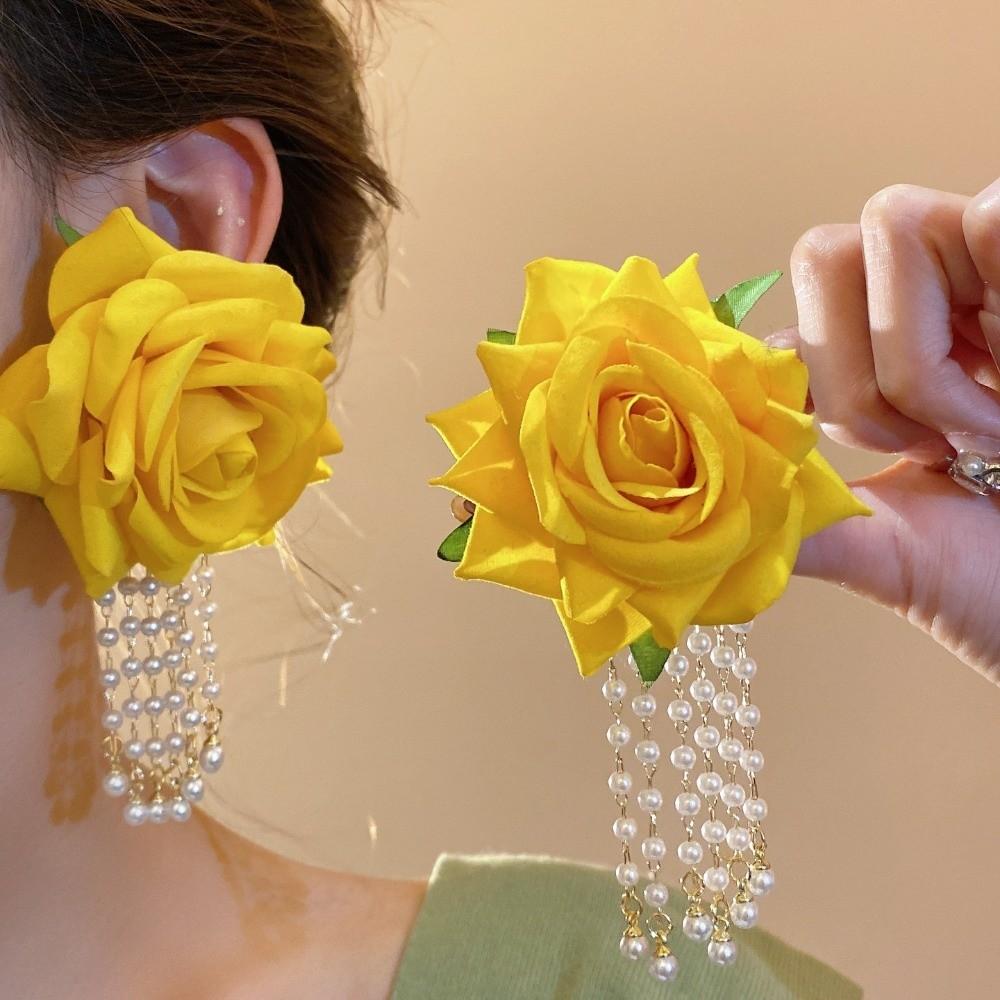 1 Pair with Beads Tassel Yellow Rose Earrings Temperament Chinese Rose Earrings Birthday