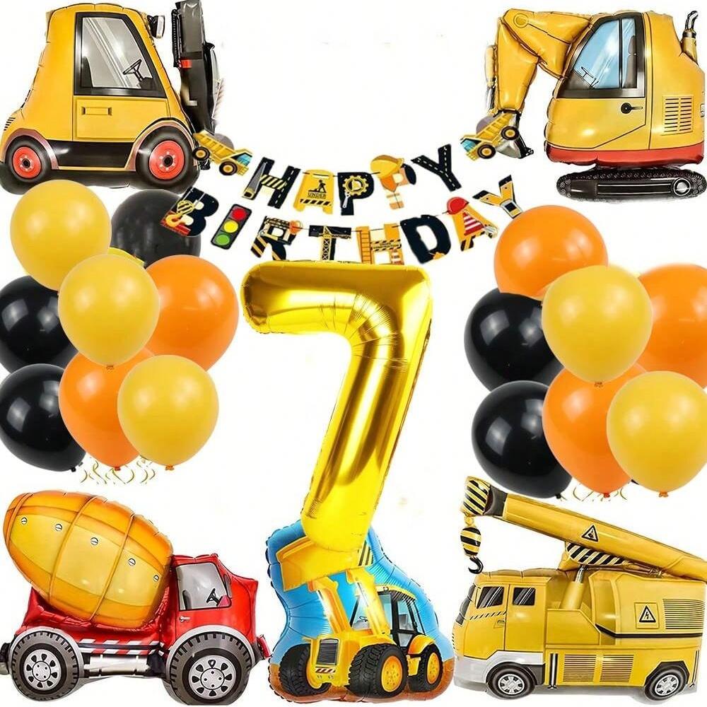 22Pcs Excavator, Tractor Engineering Vehicle Balloon Number 1~9 Balloons  Engineering Vehicle Flag Birthday Banner Decoration