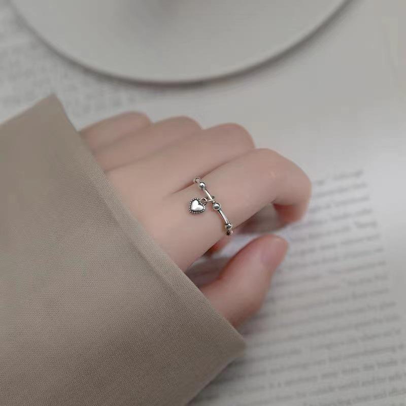 S925 Silver Retro Adjustable Geometric Heart Ring for Women: Japanese-Korean Style with Light Bead Accent