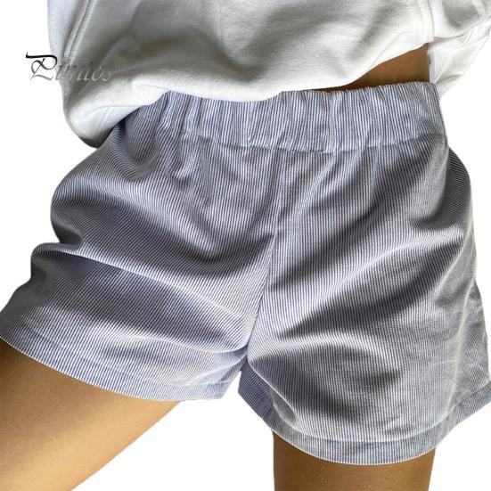 Women Summer Shorts Striped Print High Elastic Waist Retro Loose Above Knee Length Casual Sport Homewear Short Pants