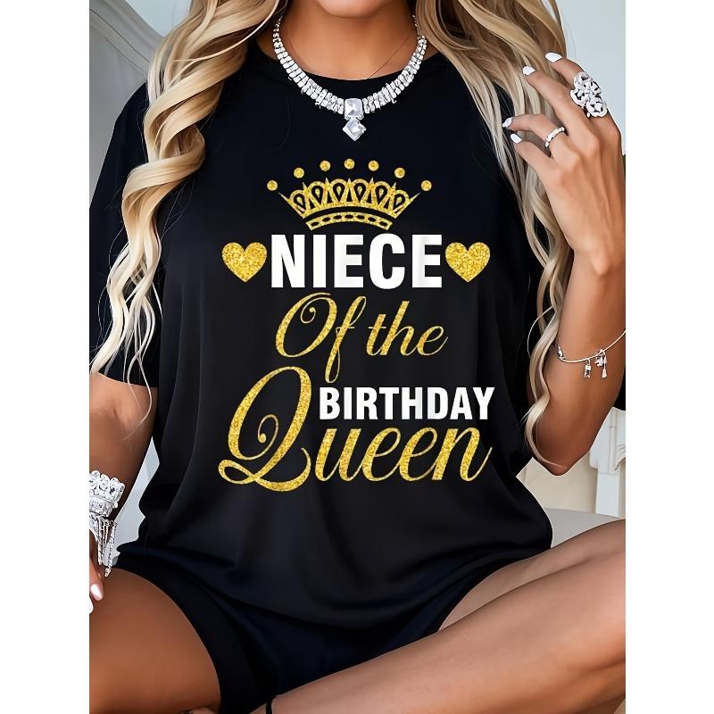 Women S Birthday Queen Pattern T-Shirt | Birthday Queen S Niece with Crown and Heart Print, Soft Breathable Lightweight Round Neck Short Sleeve, S чёрный