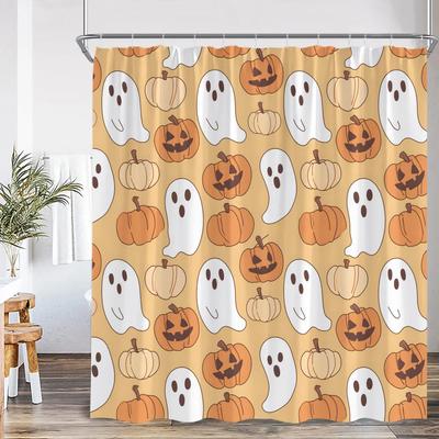 Schattig Geest Cartoon Patroon Douchegordijn Pompoenlantaarn Spook Oranje Roze Badkamer Decor Kind Vrolijk Halloween Badkuipgordijn