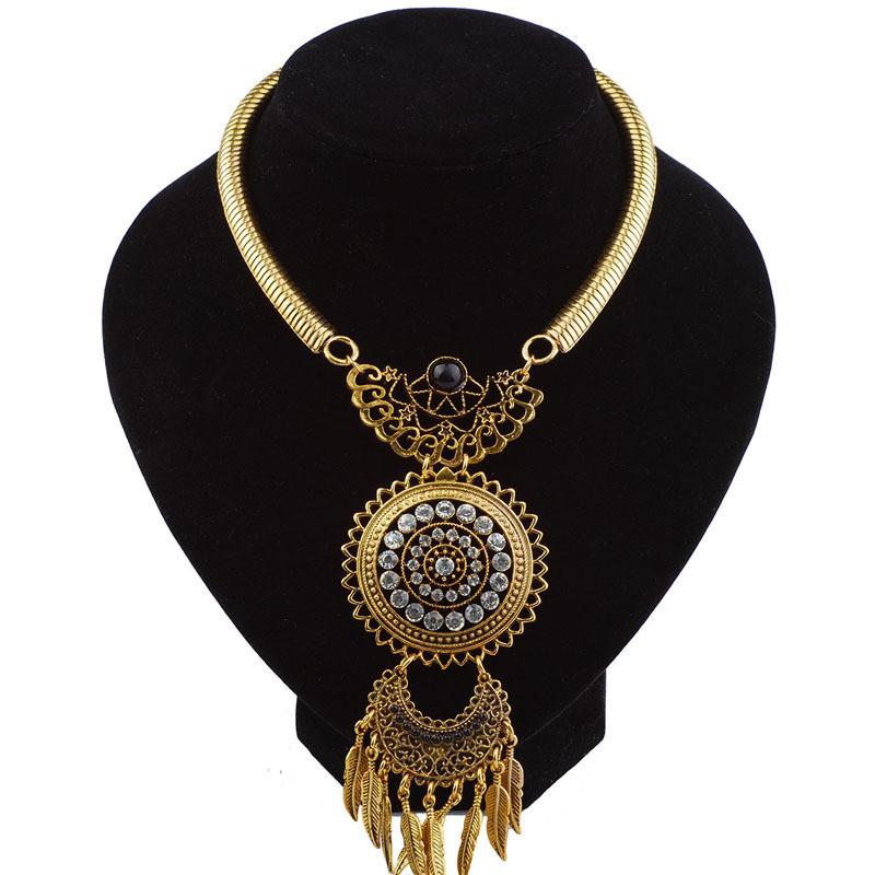 Vintage Geometric Alloy Necklace With Gemstone Leaf Tassel For Women