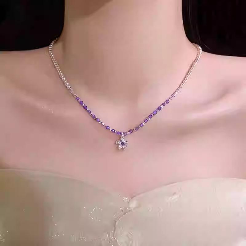 Glass, pearl, broken silver, zircon flower pendant, necklace, accessories, high-end fashion collarbone chain, new items.