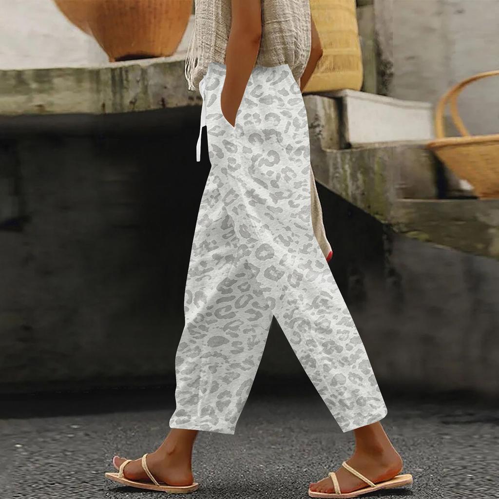 Women's Leopard Print Casual Pants with Elastic Waistband and Side Pockets