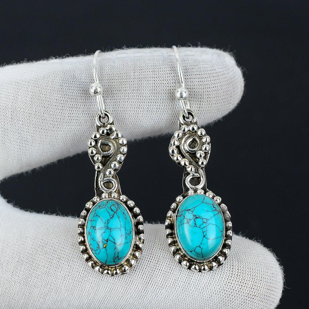 Tibetischer Türkis Ohrring, 925 Sterling Silber Ohrring, handgemachter Ohrring, ovaler blauer Türkis Ohrring, Geschenk für Mutter, Edelstein Ohrring