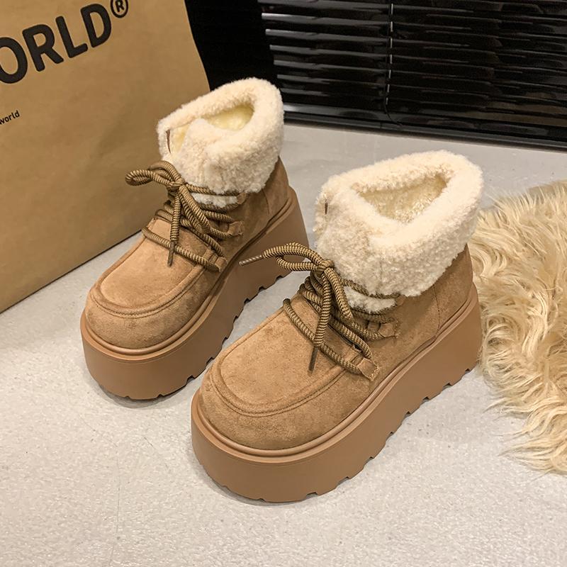 Mode 2024 Winter Neu Oberbekleidung Damen Schneestiefel mit Riemen vorne Dicke Sohle Runde Zehenpartie Haar Warm und Bequem Mode Stiefel