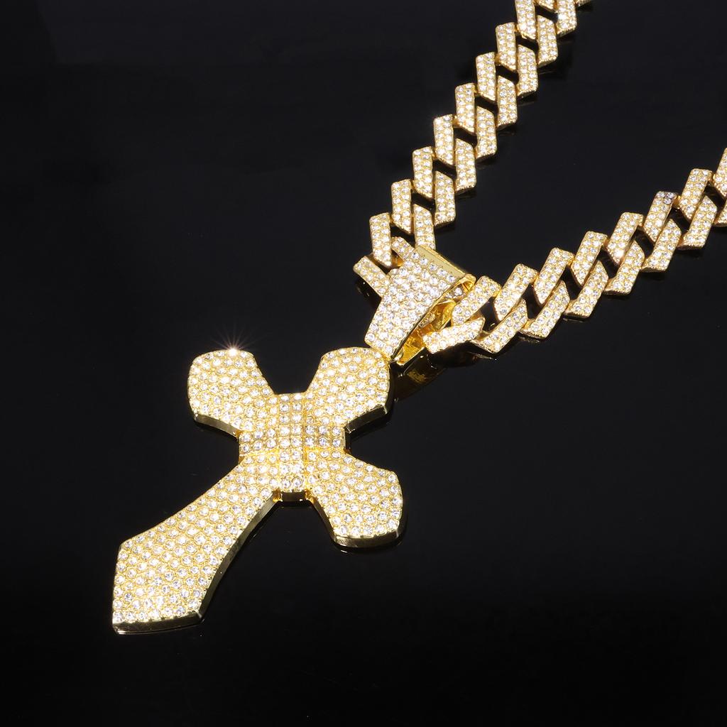 Temu Hot Sale Alloy Jewelry Full Diamond Cross Pendant, Rap Men Hip Hop Cuban Chain Street Fashion Necklace