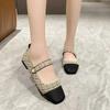 Sapatos Mary Jane de malha estilo coreano para mulheres, sapatos femininos confortáveis e respiráveis, bico quadrado, sola plana, sapatos casuais, sapatos femininos