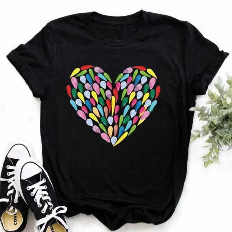 T-shirt Femme Imprimé Cœur Papillon Coloré Plume Rose Haut Décontracté Manches Courtes Pour Passionnés de Mode