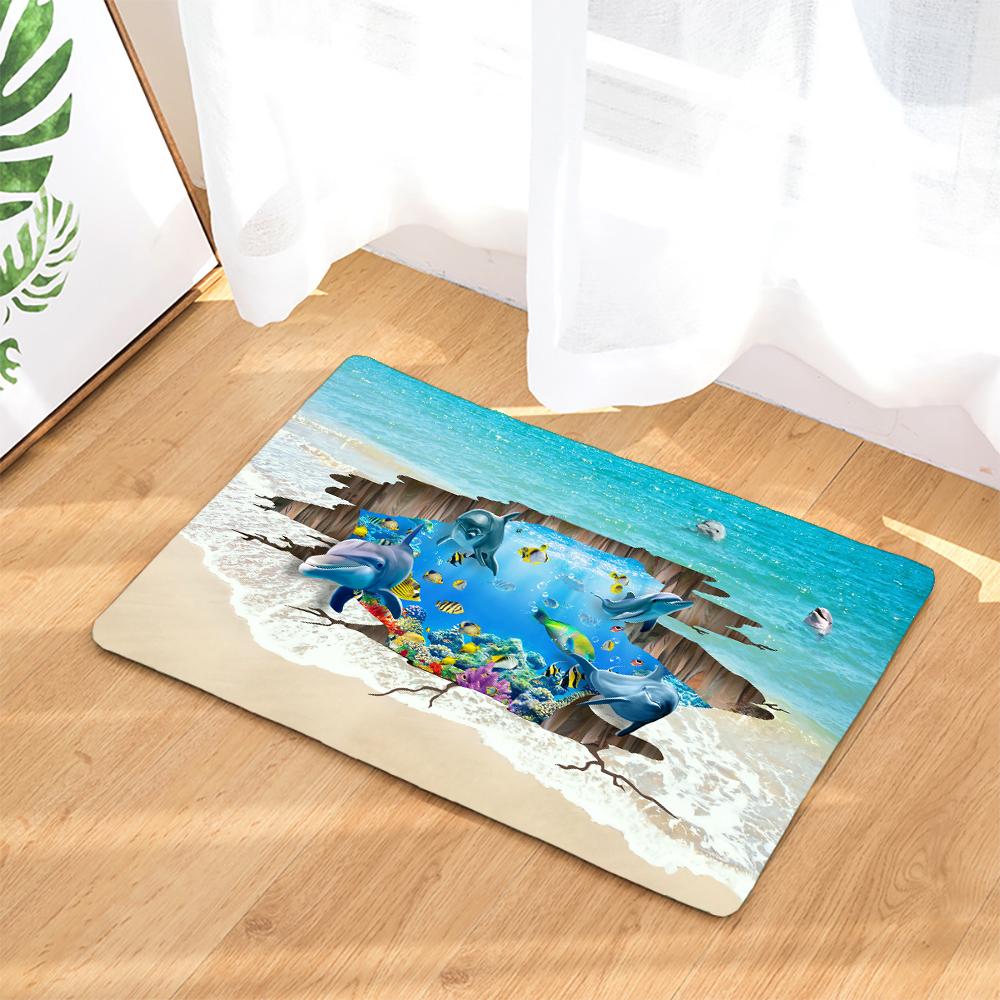 3D Printed Cartoon Ocean Dolphin Sea Beach Non-Slip Bath Mat 60*40Cm For Bathroom Carpet Rugs Flannel Kitchen Toilet Door Mat