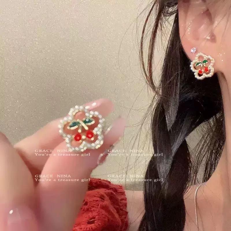 Red Cross Cherry Earrings: Light Luxury, Cute & Fashionable Niche Flower Studs
