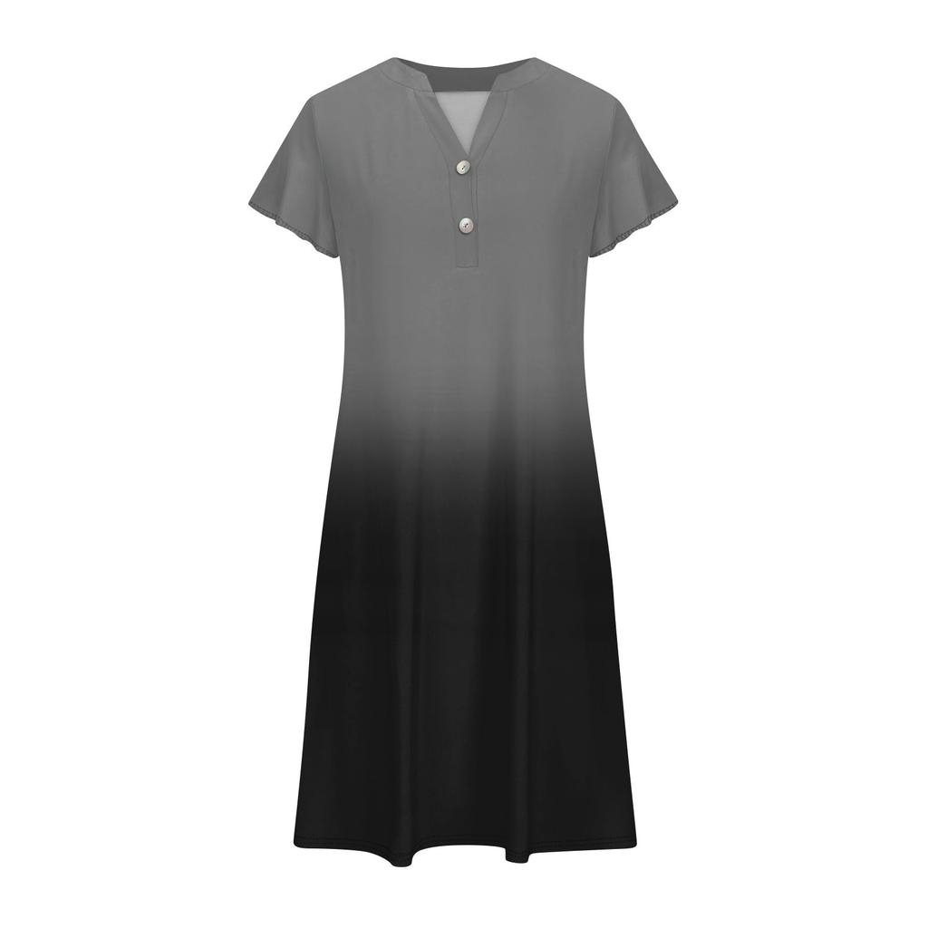 Pyjama pour femmes à manches courtes évasées et col en V, robe décontractée boutonnée à dégradé