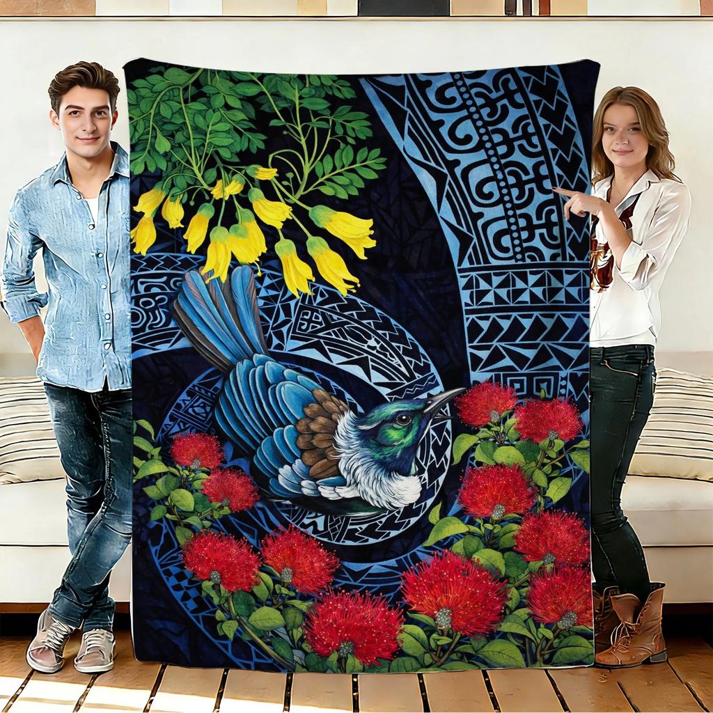 Blue Bird and Red Flower Flannel Blanket Soft Cozy Throws Napping Travel Use
