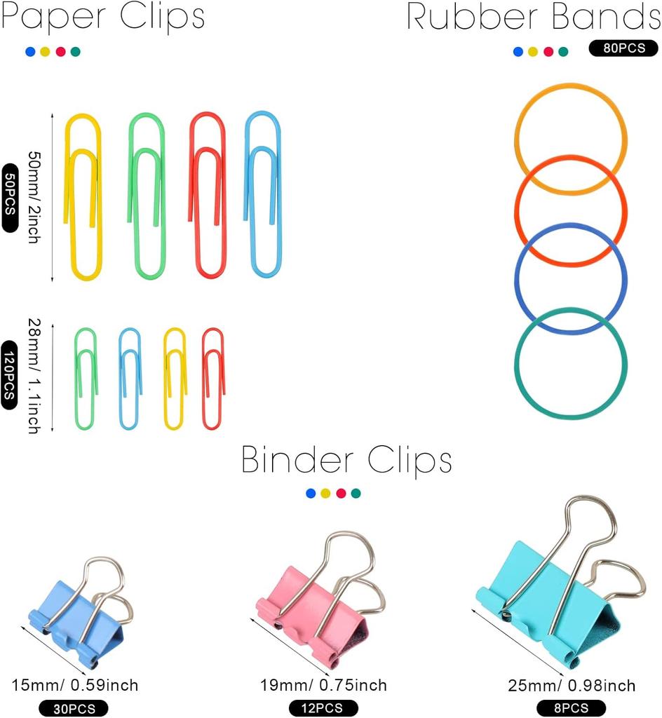300 Pcs Binder Clips Rubber Bands Office Set Paper Clips School  Teacher Supplies For Office Desk Essentials (Assorted Sizes)
