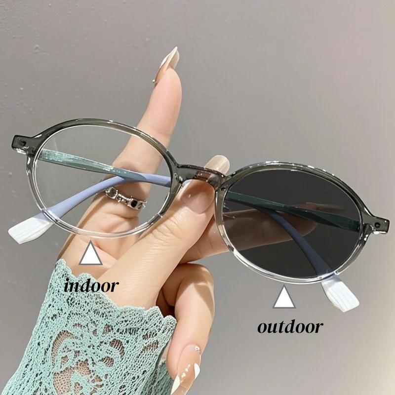 Women Men Photochromic Myopia Glasses Trendy Retro Oval Frame Color Changing Eyewear Near Sight Eyeglasses