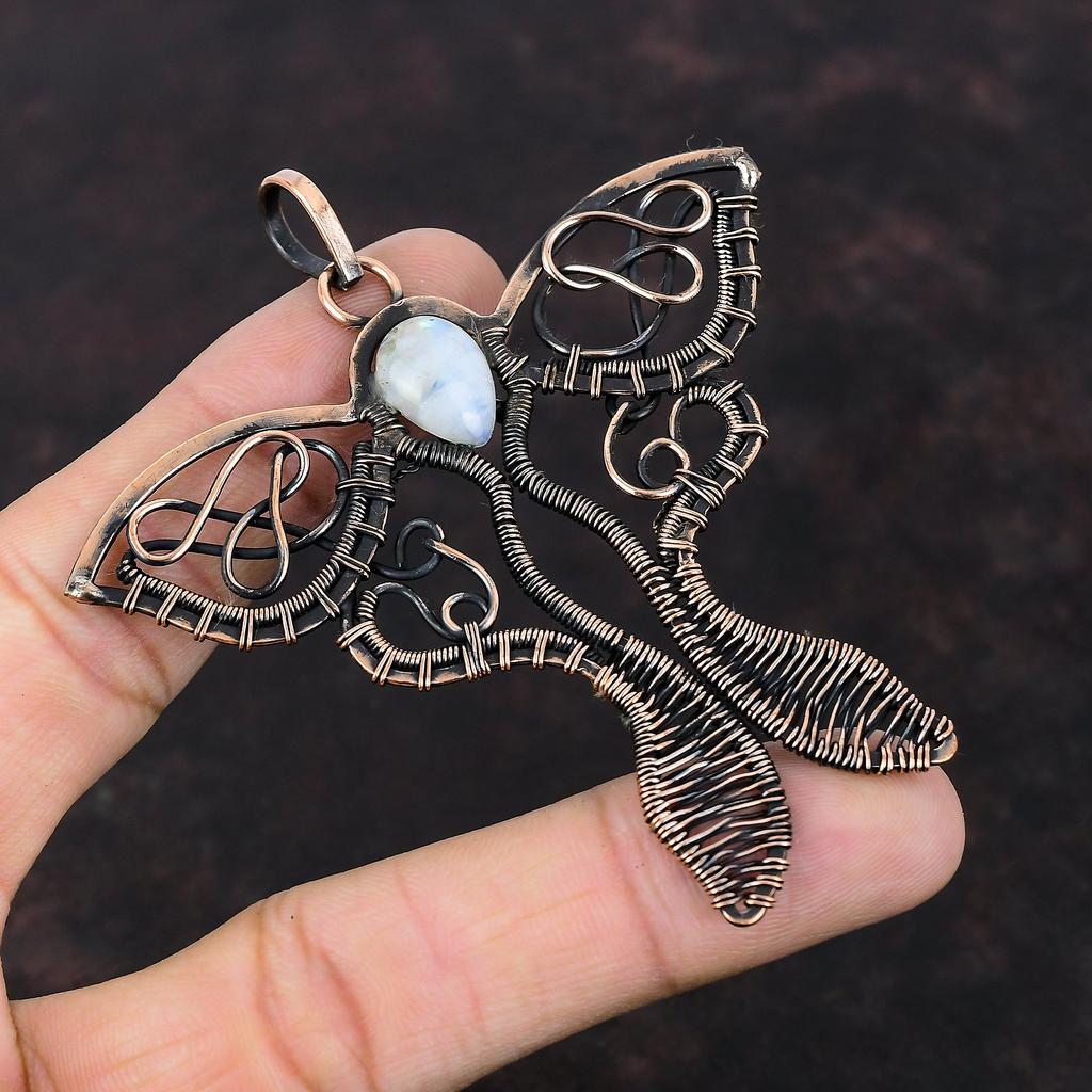 Rainbow Moonstone Pendant Copper Wire Wrapped Pendant Handmade Jewelry Butterfly Pendant Unique Copper Jewelry Gemstone Pendant Gift For Mom