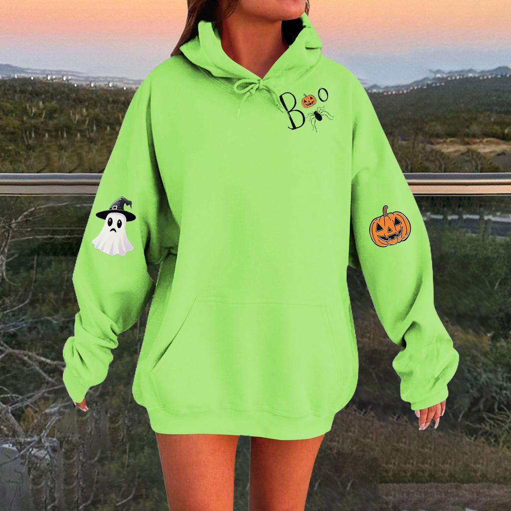 Women's Solid Color Long Sleeve Casual Halloween Print Pullover Hooded Sweatshirt