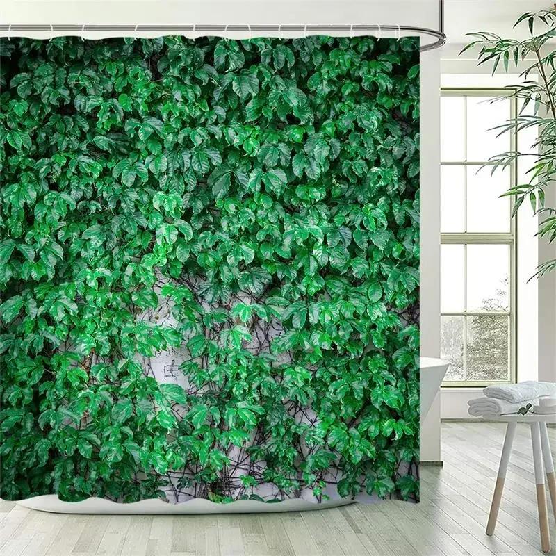 Vine Leaves Shower Curtain Green Plant Leaf Grey Wall Spring Floral Bath Curtains Set Polyester Fabric Bathroom Decor with XT6