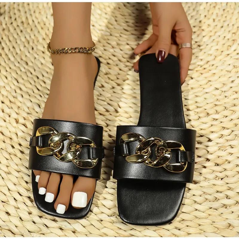 Fashion New Fashion Women's Slippers Square Toe Chain Slippers Flat Slide Sandals Beach Flip Flops Metal Decoration Casual Shoes