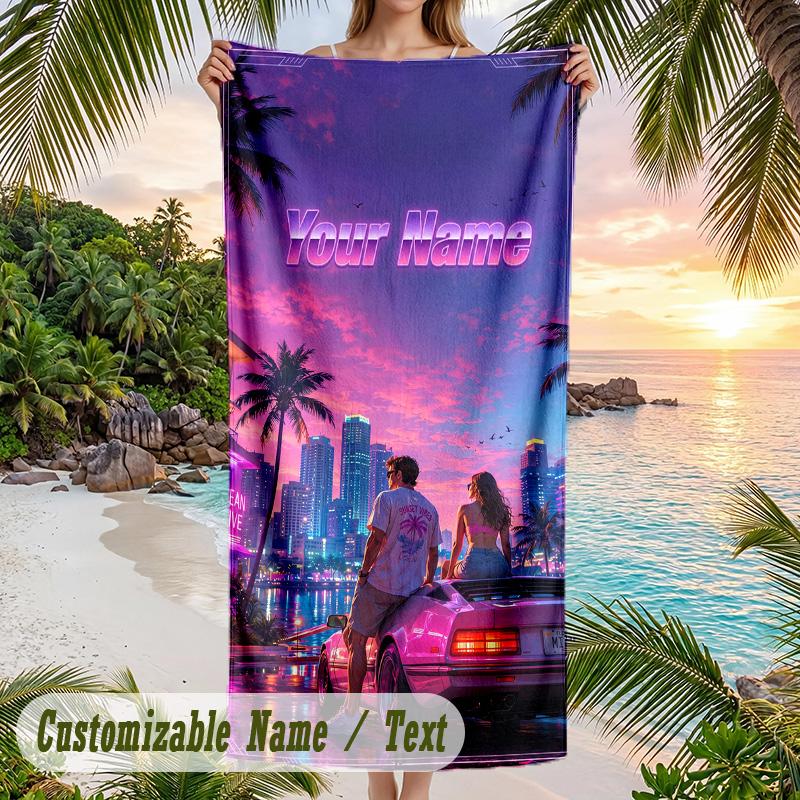 GTA Beach Towel, Personalized Custom Text, Quick Dry Soft Large Towel For Swimming Pool Travel