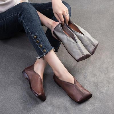 Scarpe da donna retrò con punta quadrata in vera pelle, comode scarpe basse slip-on da pendolarismo