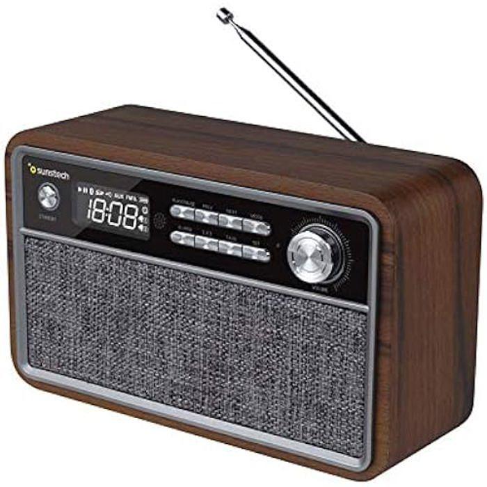 SUNSTECH RPBT500 Radio FM compacte en Bois avec présélections, Mode Horloge, Double Alarme, Haut-Parleur Bluetooth (v4.2) de Basses