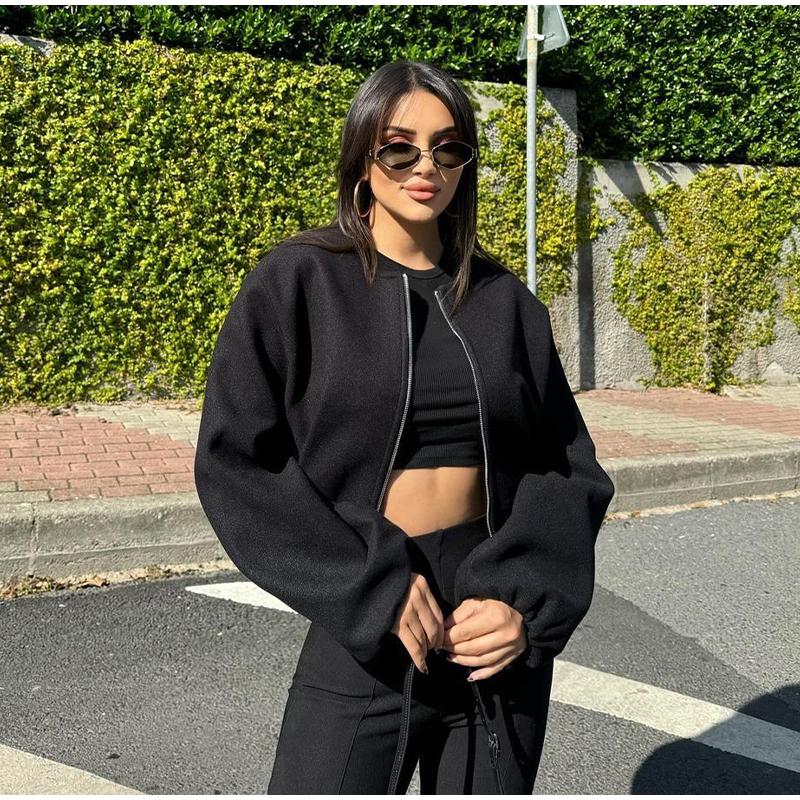Cappotto di Lana Tinta Unita con Zip Moda Donna Manica Lunga Girocollo Giacca Bomber da Donna Autunno Caldo Tasca Capospalla Corto Chic da Strada Femminile