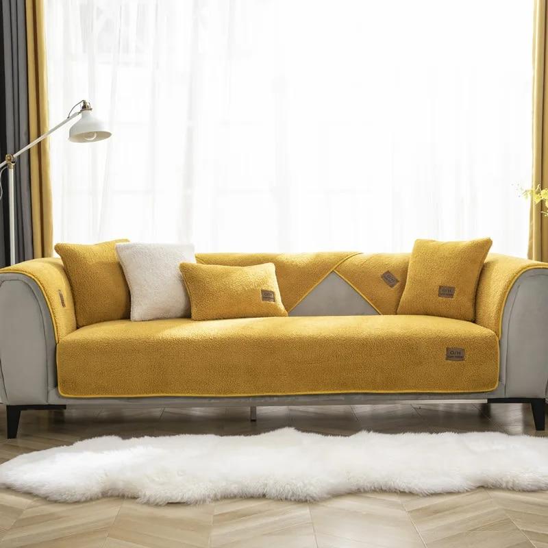 Modern Winter Solid Color Thicken Lambswool Quilted Sofa Cover Soft Plush Sofa Towel Anti-slip Couch Covers For Living Room
