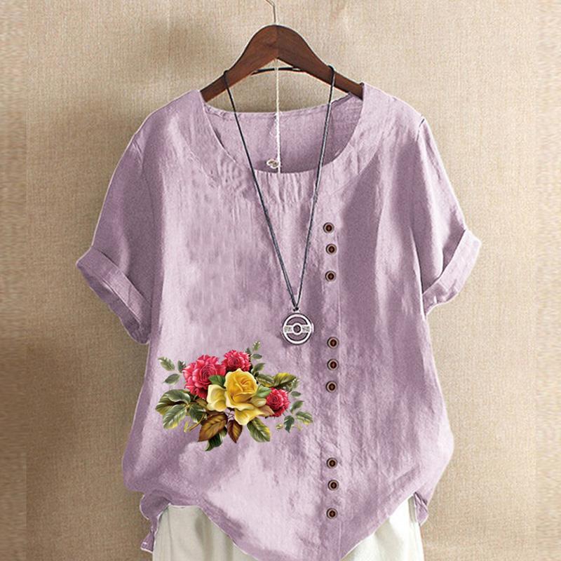 Dámská móda Léto Tričko s kulatým výstřihem Krátký rukáv Neformální Bavlna Lněná Grafická Košile Volný čas Volné Květiny a rostliny Blůza s potiskem Topy Velká velikost