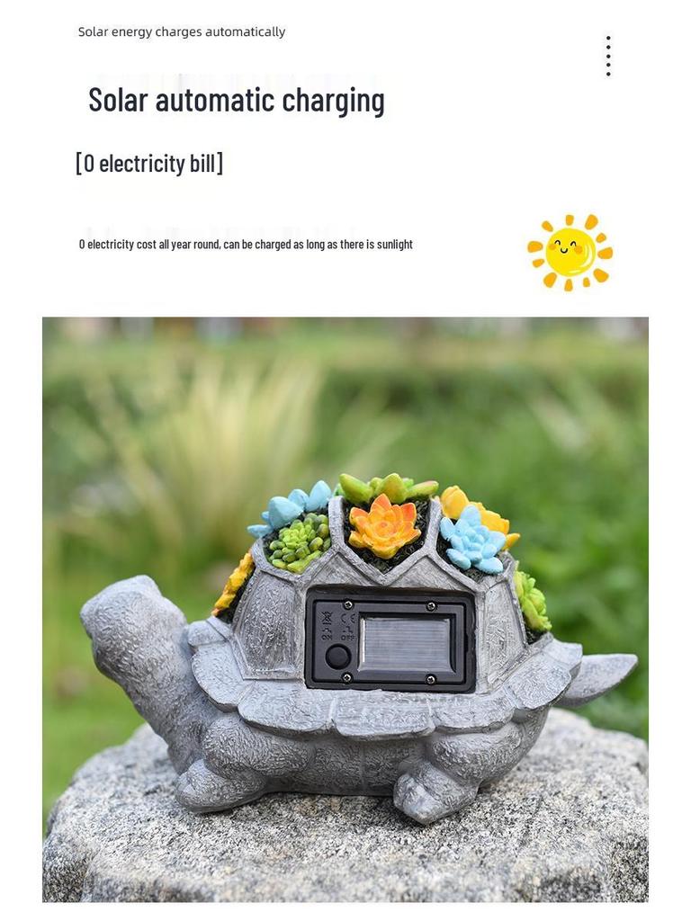Solar-Powered Resin Succulent Turtle Garden Statue with LED Lights