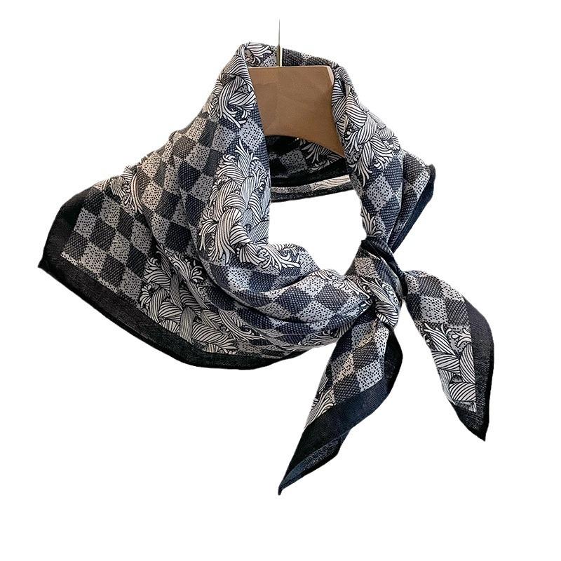 Chessboard Plaid 71CM Cotton and Linen Silk Scarf Small Square Scarf Women's Spring and Autumn Summer Thin Scarf Scarf Linen Headscarf Belt