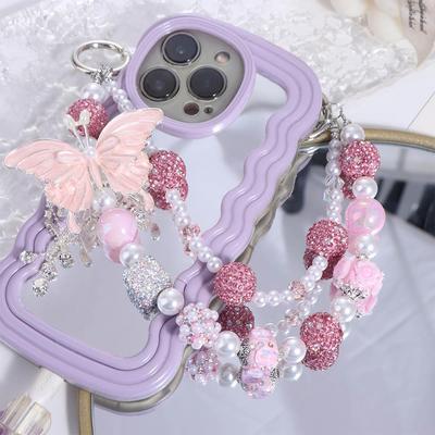 Cool Glitter Rhinestone Phone Chain Pearl Luxury Beaded Cell Phone Lanyard Wrist Strap Anti-loss Butterfly Key Chain Key Chain