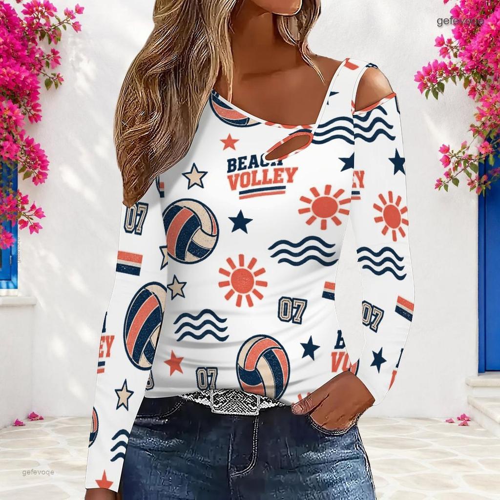 Women Plus Size Asymmetric Cutout Neck Cold Shoulder Long Sleeve Camping Printed Top
