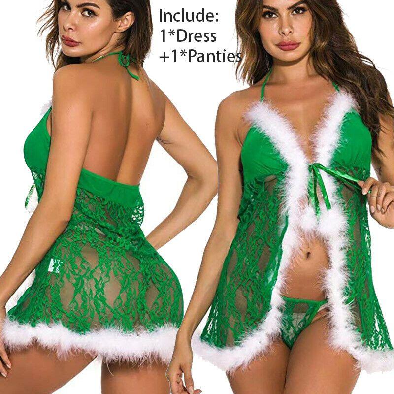 Luxurious Women Sexy Lingerie Red Babydoll Nightwear Santa Christmas Sleepwear G-string Set