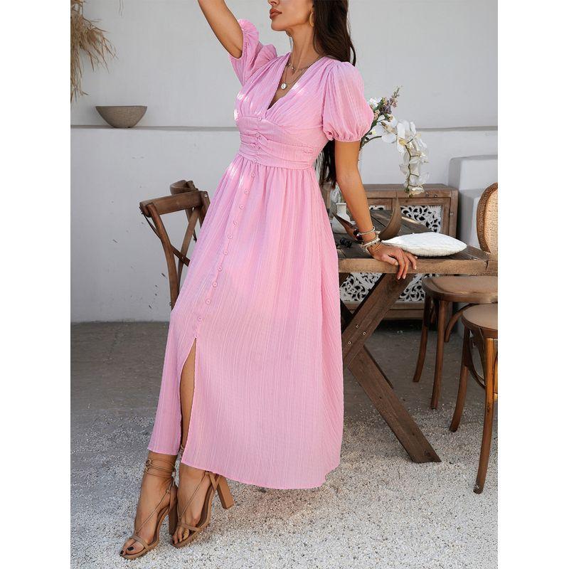 Bohemian Seaside Style Long dress European and American Summer V-neck Single-Breasted Waist Hugging Shoulder Bubble Short sleeve Dress Women