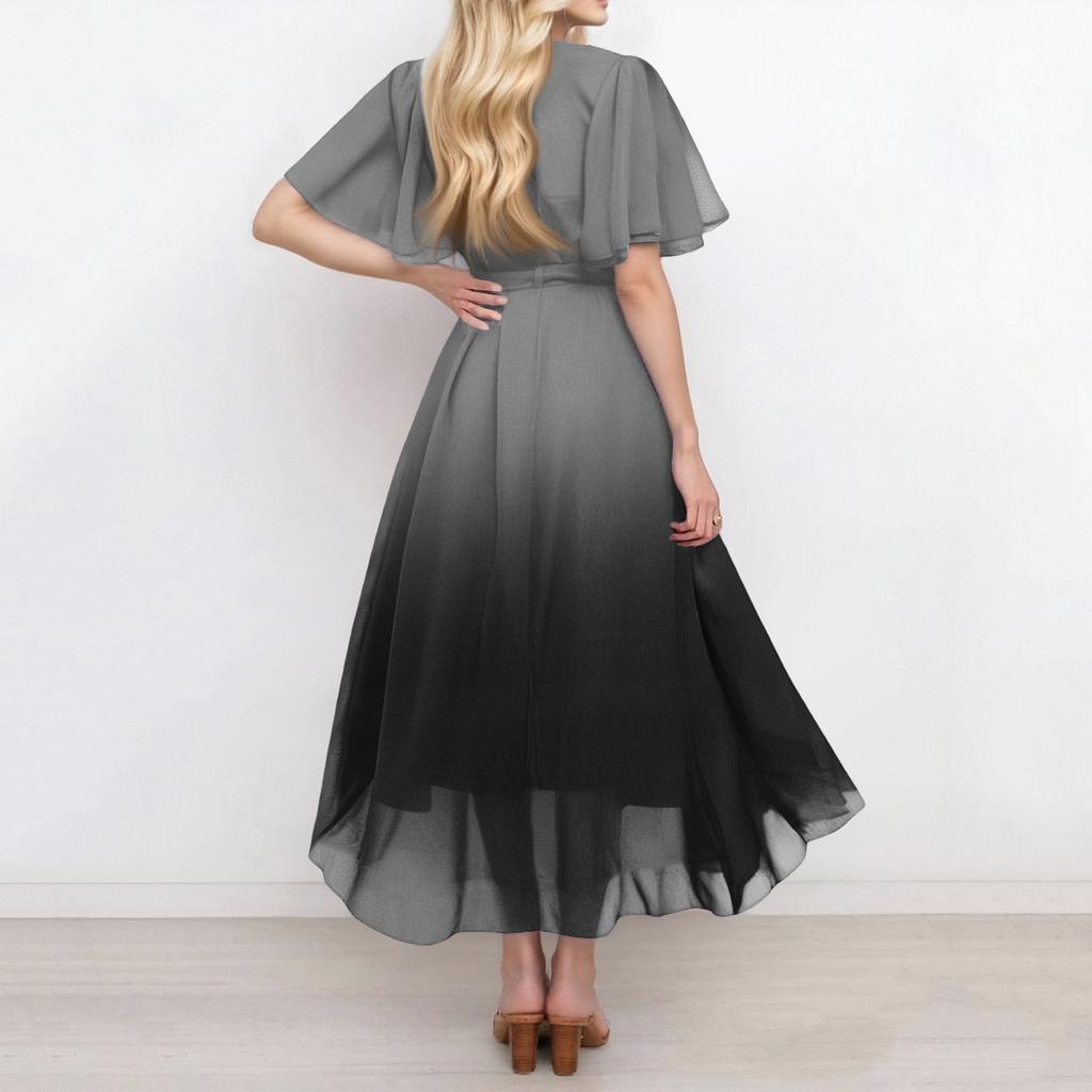 Women's Summer Fashion V-Neck Flared Dress Short Sleeve Gradient Dresses