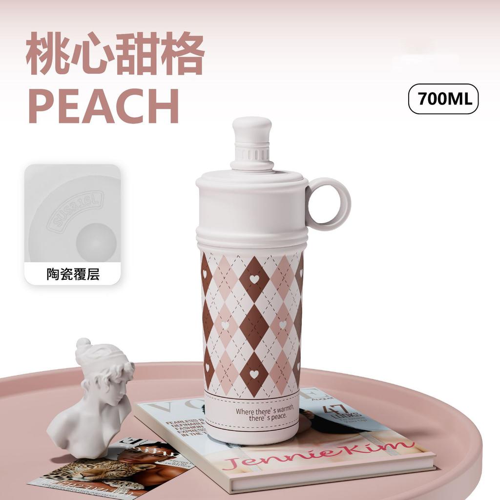 Ceramic double drink coffee cup large capacity portable straw thermos cup light luxury high sense gift box gift cup