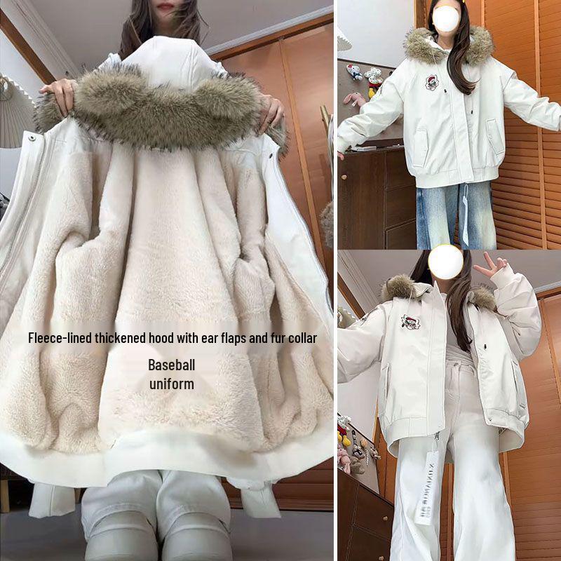 Korean Plush Embroidered Bear Jacket with Detachable Fur Collar - Unisex Autumn/Winter 2025 Trendy Warm Cotton Coat M