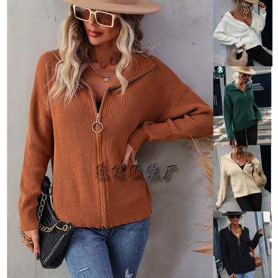 Autumn and Winter Knitted Turtleneck Solid Color Women's Knitted Sweater European and American Zipper Sweater Women