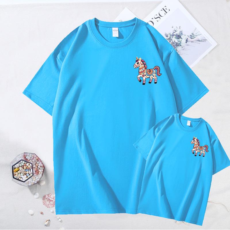 Year of the Horse Zodiac Family T-Shirt: Red Short Sleeve for Parent-Child, New Year Festive Portrait