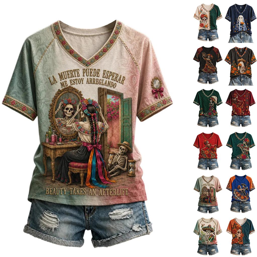 Women's V-Neck Printed Raglan Short Sleeve Top