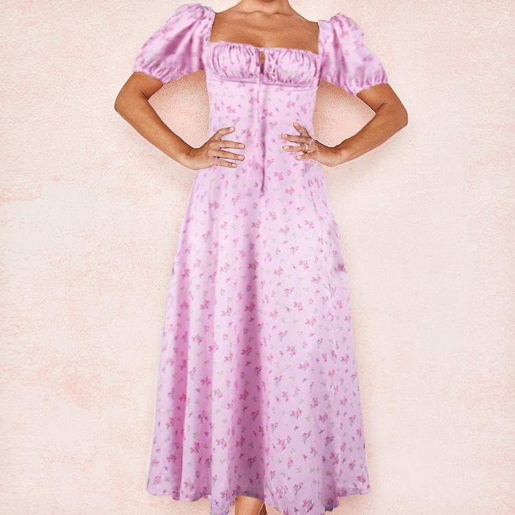 New Spring Women's Clothing Elegant and Sexy Square Collar Lace-up Floral Slit Dress