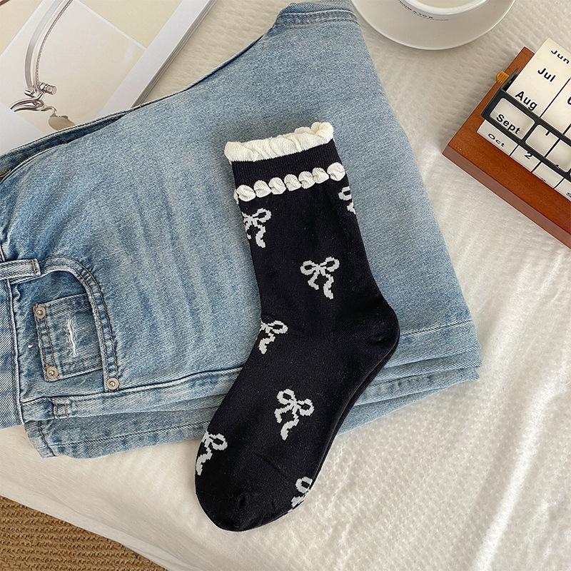 Spring and Summer Socks, Princess Lace Bow Socks, Breathable and Sweat-absorbing Cotton Socks, Mid-calf Socks